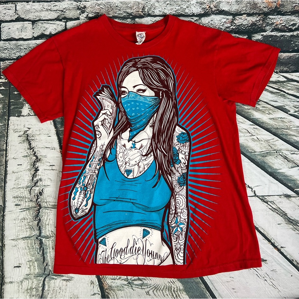The Good Die Young Adult Shirt Size M Red Short Hip Hop Gangster Tattoo‎ Rock
